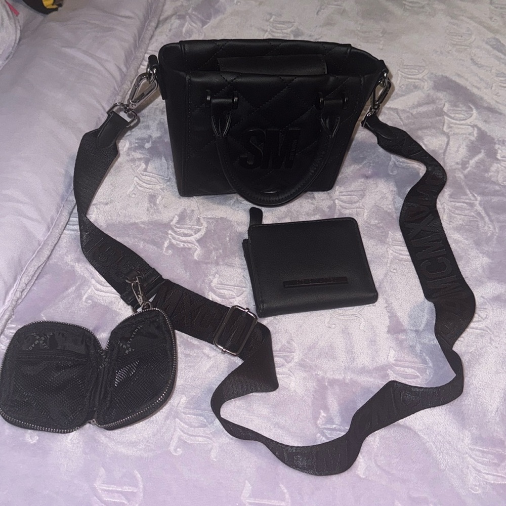 Steve Madden black quilted mini tote bag with wallet